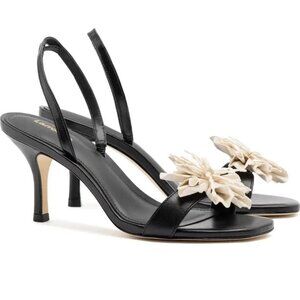 Larroude Hibiscus Slingback SANDALS Heels Size 9 Black Leather Flower NEW $350